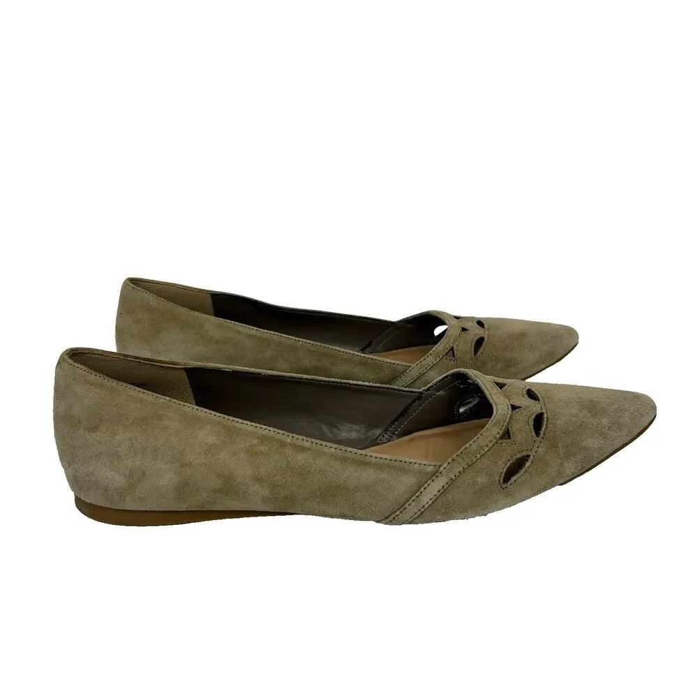Audrey Brooke Marte Pointed Toe Ballet Flats Taupe Tan Suede Cutouts Shoes 8.5